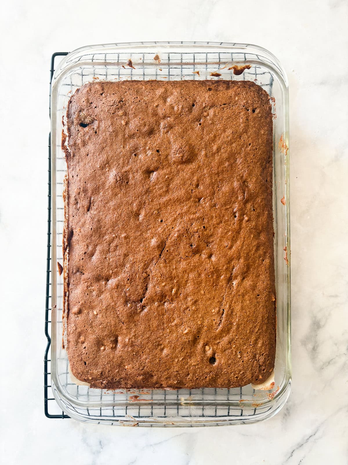 Darkly sweet and studded with walnuts, a gluten free applesauce cake equals homey comfort. Make it with homemade applesauce if you can. A baked gluten free applesauce cake cools in a pan.
