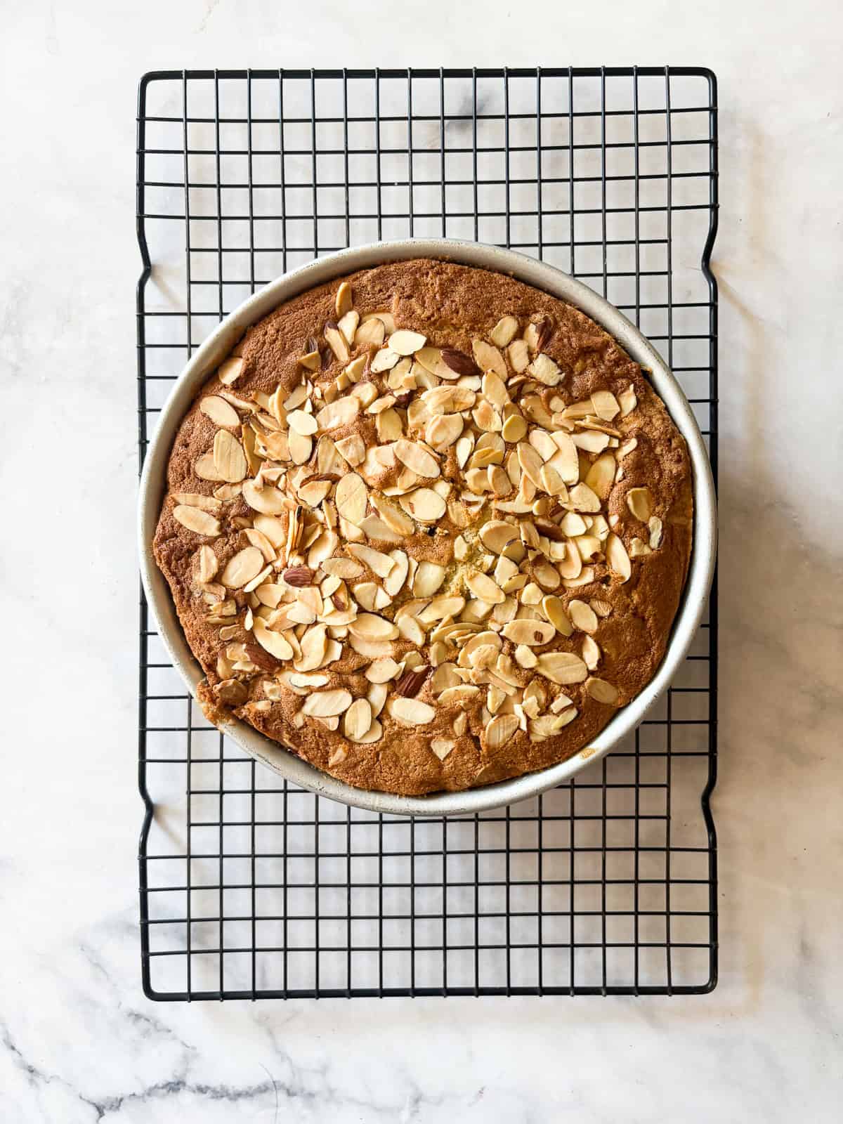 This gluten free blackberry cake features a plush vanilla cake swirled with juicy berries! Delicious and beautiful. A gluten free blackberry cake cools in the pan.
