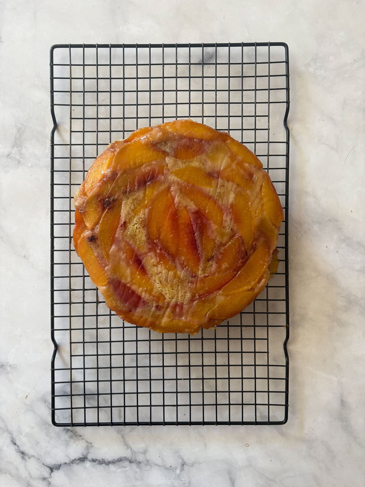 This gluten free nectarine cake is as pretty as it is delicious! Juicy sliced nectarines top a soft and sweet vanilla cake. A gluten free nectarine cake cools on a wire rack.