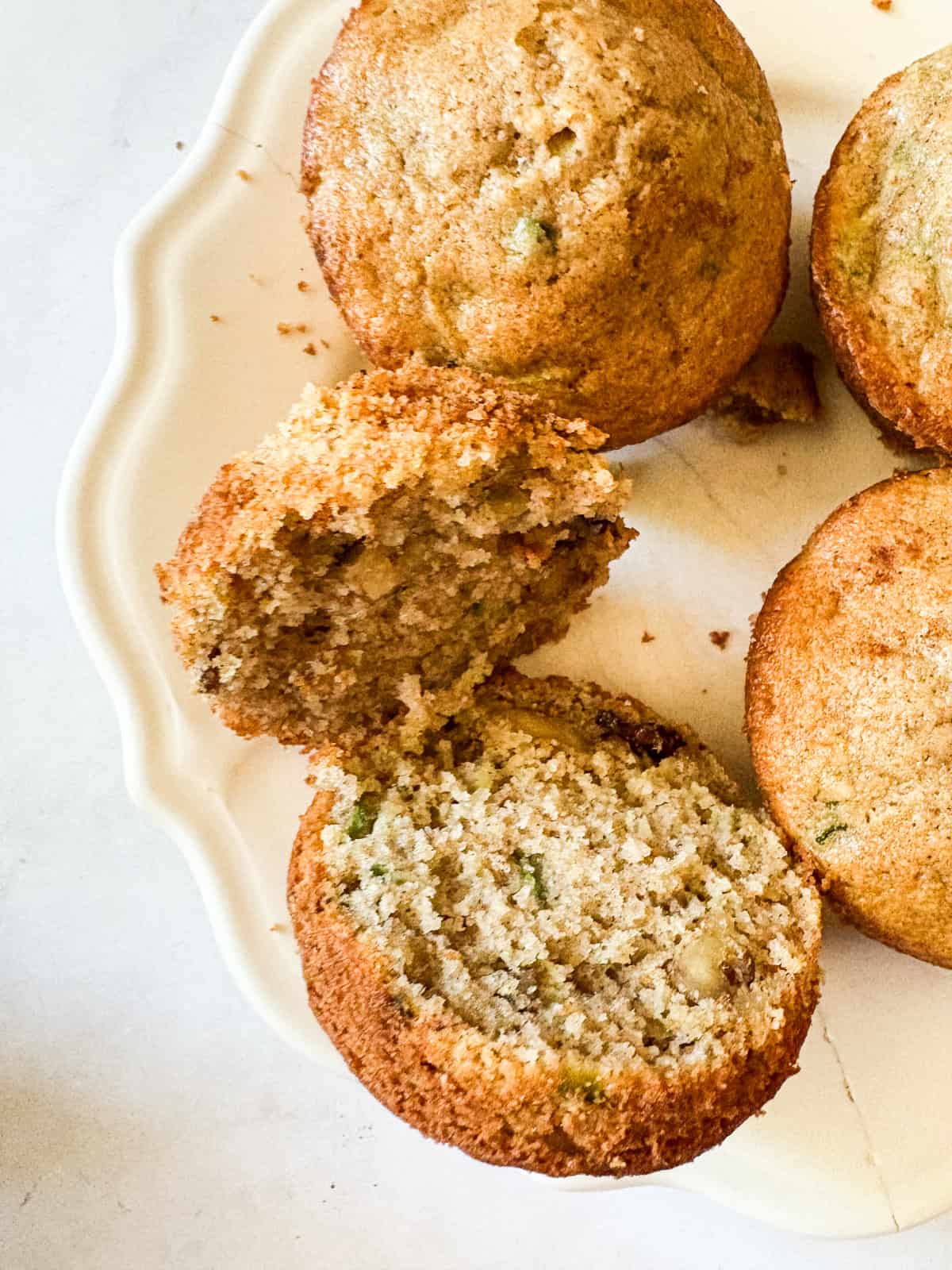 Interior views of gluten free zucchini chocolate chip muffins.