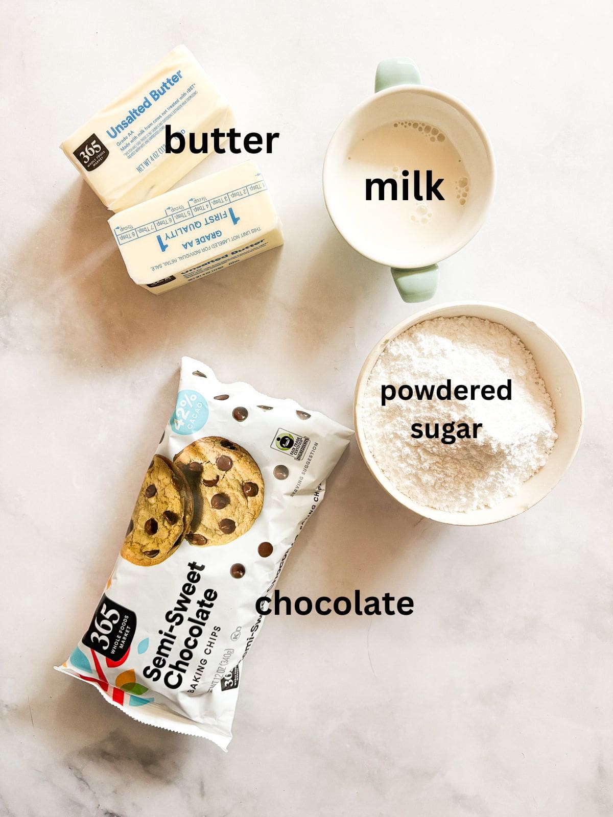 The creamiest chocolate buttercream frosting that's incredibly versatile. A foolproof frosting for cakes, cupcakes, cookies, etc. Ingredients for chocolate buttercream frosting are text-labeled.