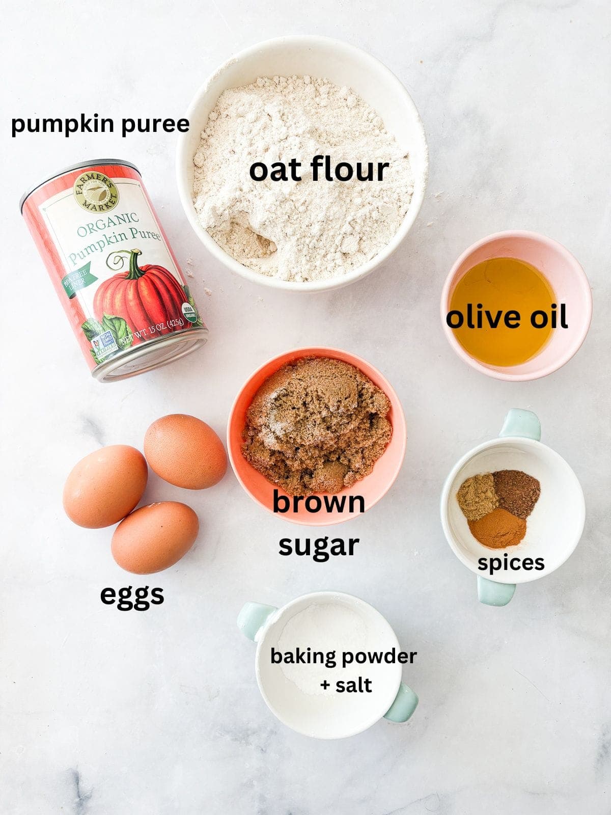 Ingredients for oat flour pumpkin bread are text-labeled.