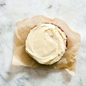 A gluten free chocolate cake with salted caramel frosting.
