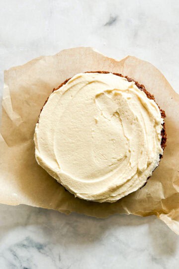 A gluten free chocolate cake with salted caramel frosting.