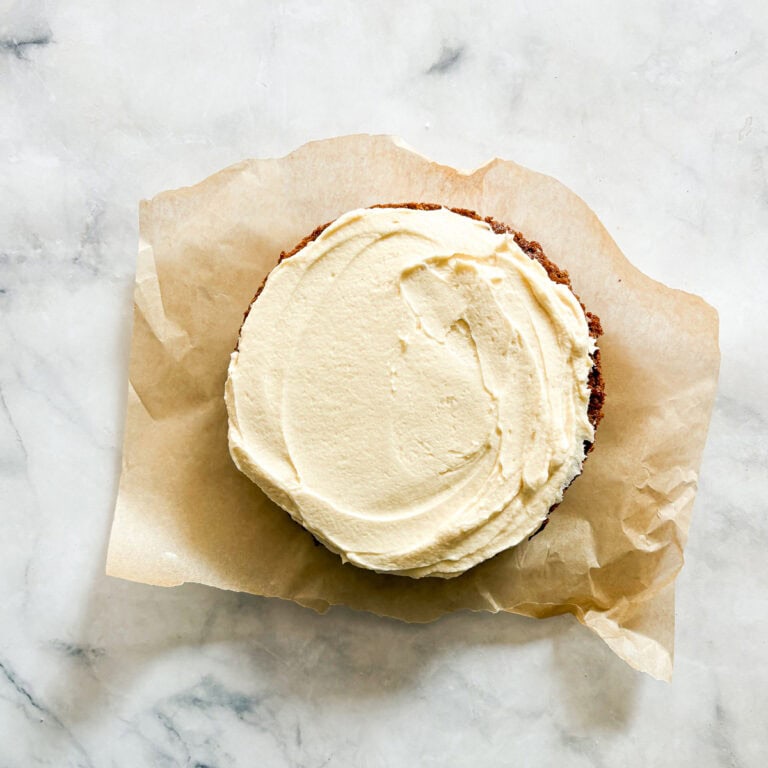 A gluten free chocolate cake with salted caramel frosting.