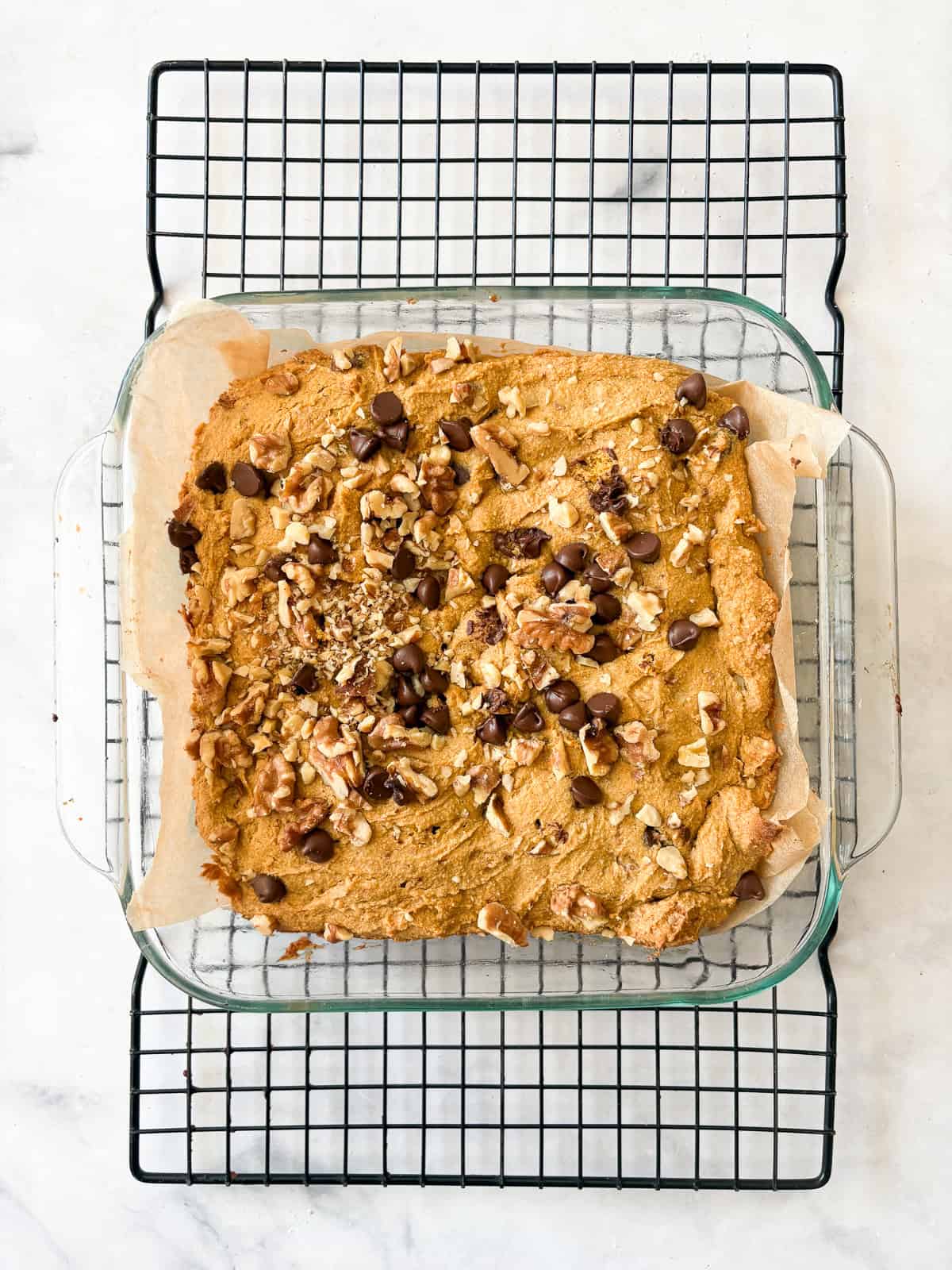 Studded with chopped walnuts and scattered with semisweet chocolate chips, gluten-free pumpkin blondies are thick and chewy. Made in 1 bowl! A baked pan of pumpkin blondies.