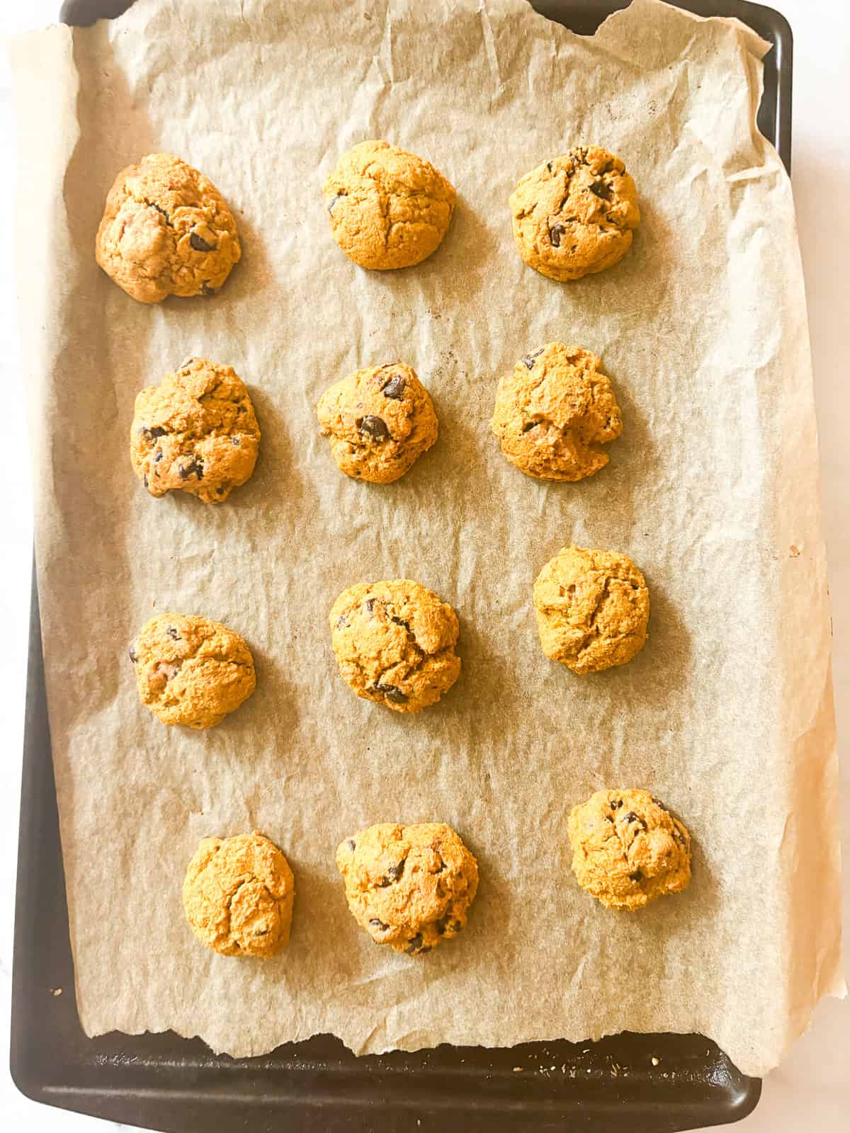 These soft-baked gluten free pumpkin chocolate chip cookies are packed with pumpkin puree, warm spices, and semisweet chocolate. Baked gluten free pumpkin chocolate chip cookies on a baking sheet.