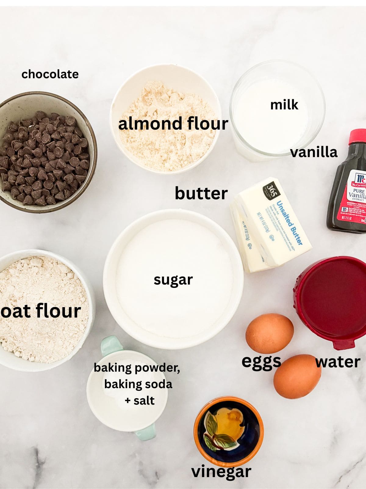 This gluten-free chocolate dump cake hits all the notes you want in a gluten-free cake - fudgy crumb, dense chocolate flavor, and creamy icing. The ingredients for gluten free chocolate dump cake with chocolate icing are text-labeled.