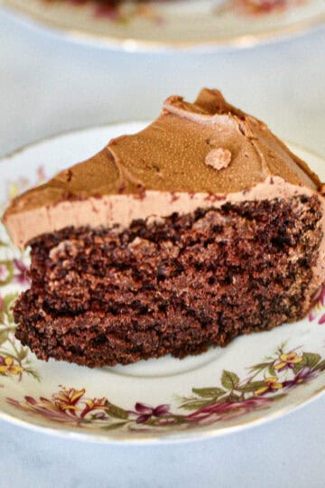 A slice of gluten free chocolate dump cake on a plate.