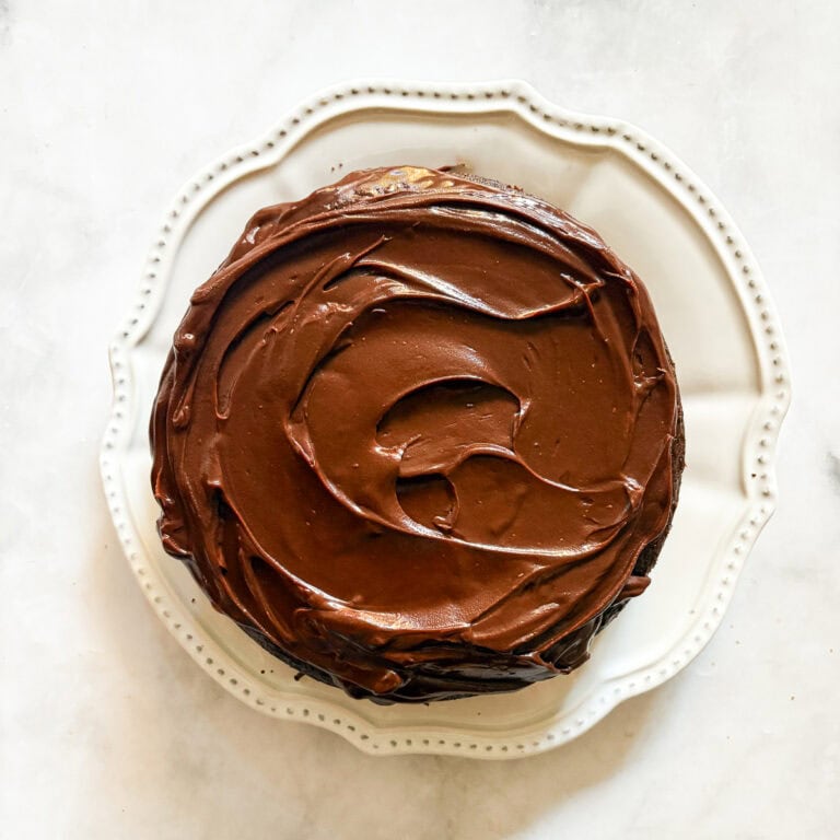 A gluten free dark chocolate cake with chocolate icing on a white plate.
