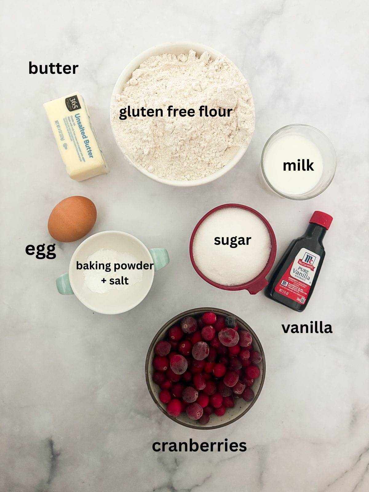 This beautifully festive gluten free cranberry cake is packed with juicy, tart berries that are balanced by a sweet, buttery cake. Ingredients for gluten free cranberry cake are text-labeled.