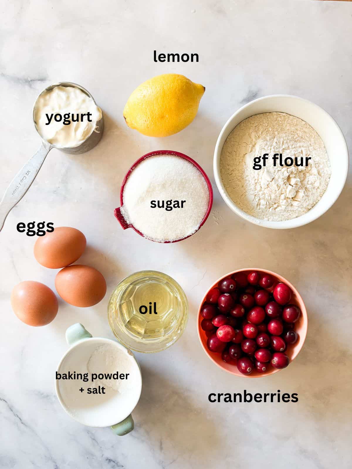 Perfect for holiday baking, this gorgeous gluten free cranberry lemon bread is studded with tart, juicy pops of cranberries. The ingredients for gluten free cranberry lemon bread are text-labeled.