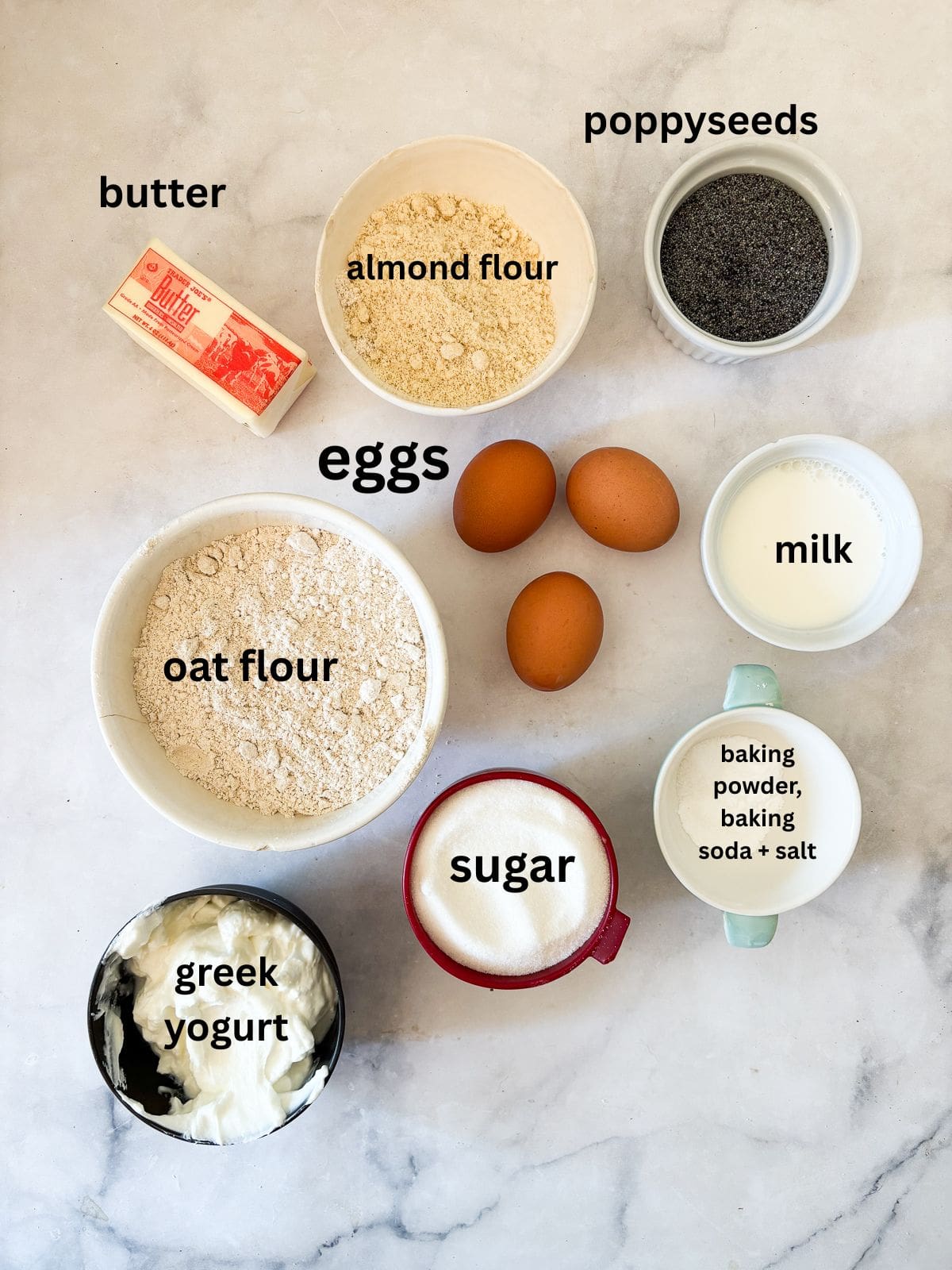 his gluten-free poppyseed cake is tender-crumbed, generously speckled with poppyseeds, and made with two simple flours. Ingredients for gluten free poppyseed cake are text-labeled.