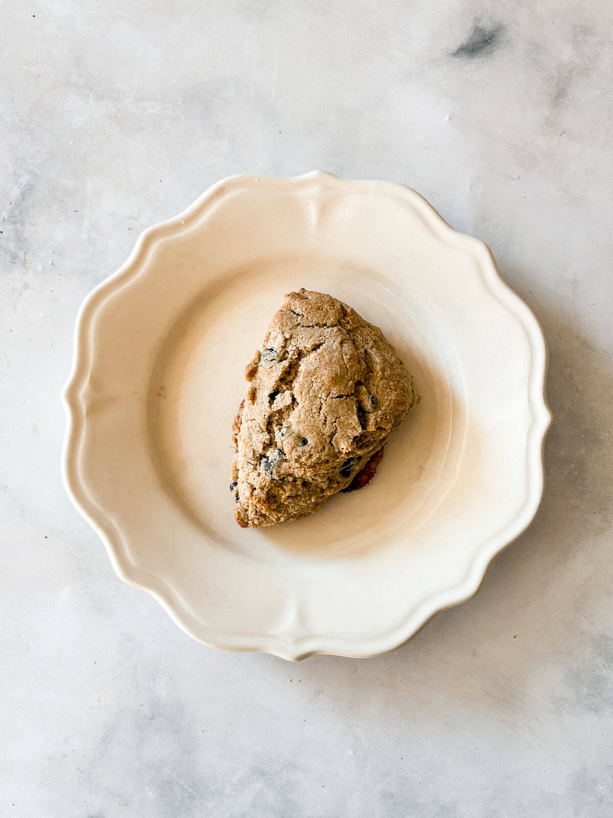 Bakery-style gluten-free chocolate chip scones with crisp edges, soft centers, and plenty of chocolate. Made just with oat flour! A gluten free chocolate chip scone on a white plate.