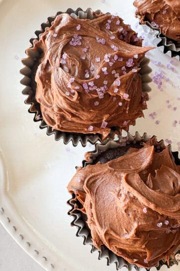 Icing sugar tops vegan gluten-free chocolate cupcakes.