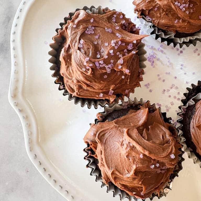Icing sugar tops vegan gluten-free chocolate cupcakes.