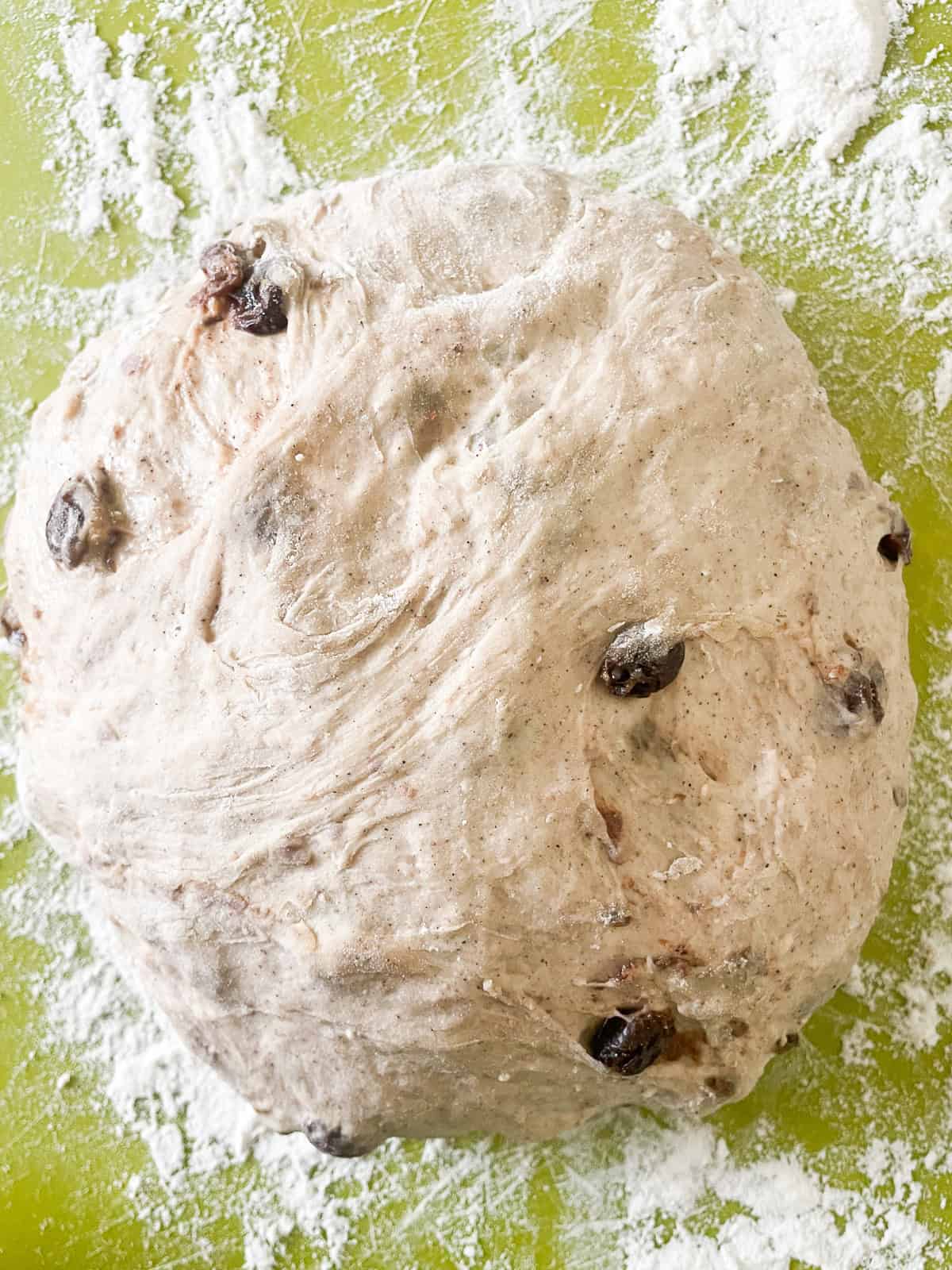 Easy no knead gluten free cinnamon raisin bread benefits from a long overnight rise and a bake in a hot Dutch oven. The loaf ready to go into the oven.