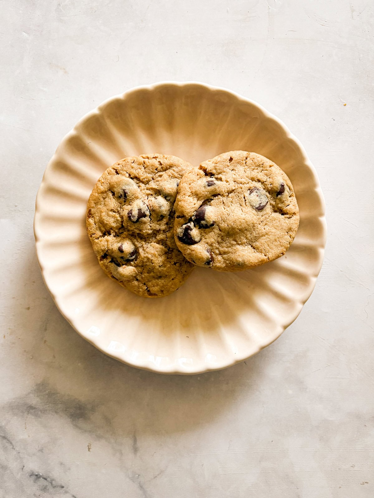 Chewy and irresistible, these gluten-free peanut butter chocolate chip cookies are made with plenty of creamy pb plus lots of chocolate! Two gluten free peanut butter chocolate chip cookies on a decorative plate.