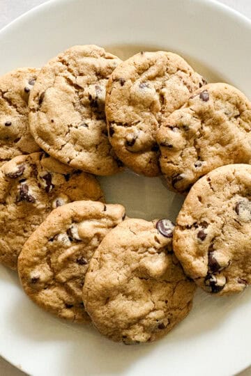 A white plate of gluten free peanut butter chocolate chip cookies.