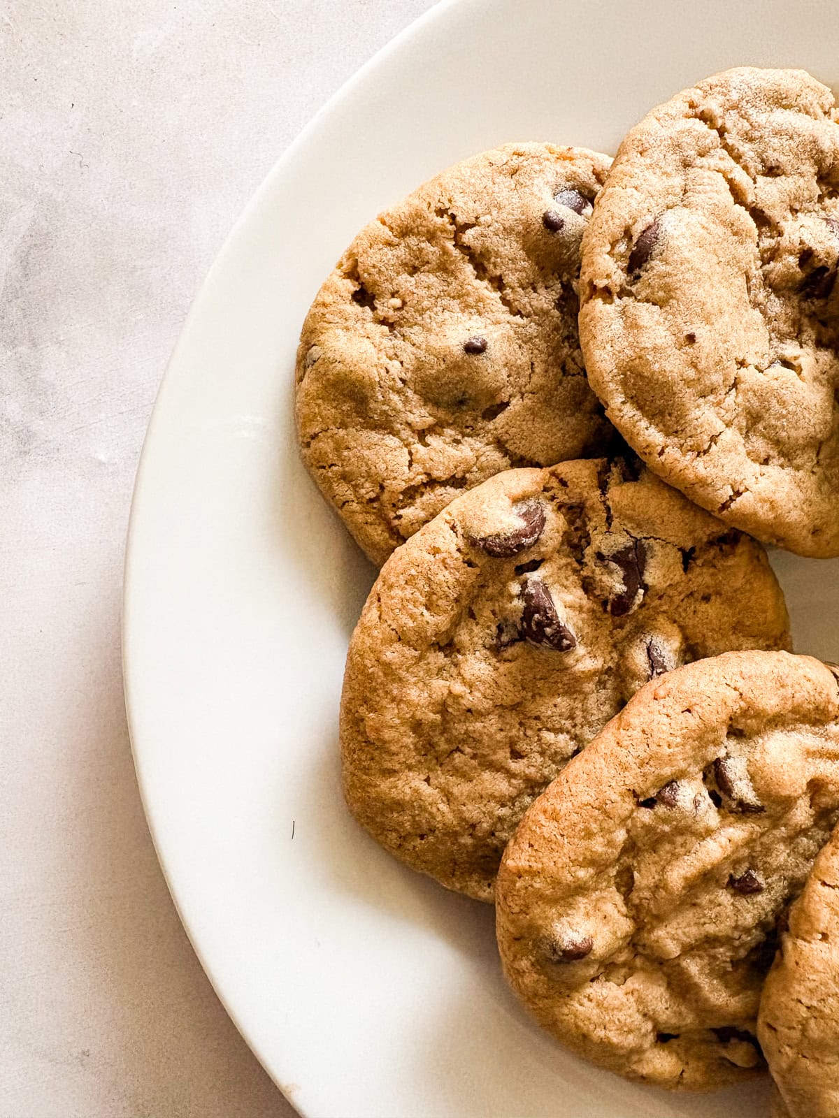 Gluten free peanut butter chocolate chip cookies arranged on a plate.