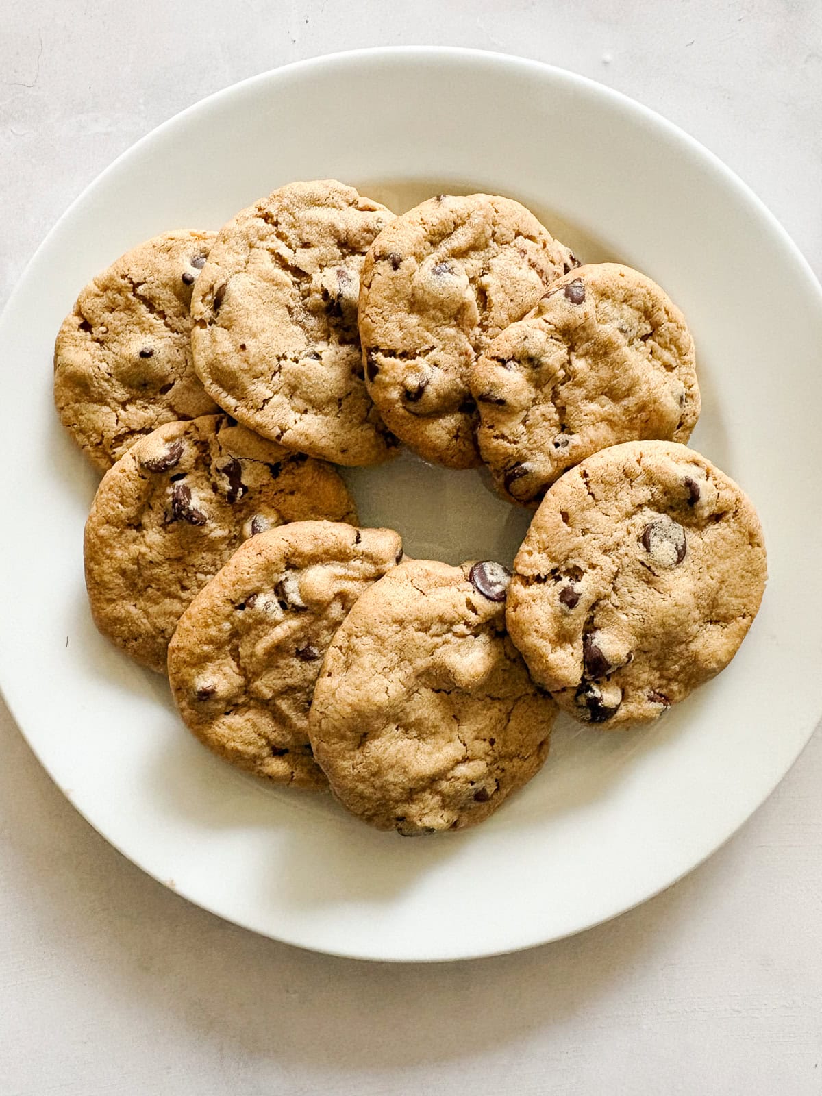 Chewy and irresistible, these gluten-free peanut butter chocolate chip cookies are made with plenty of creamy pb plus lots of chocolate! A white plate of gluten free peanut butter chocolate chip cookies.