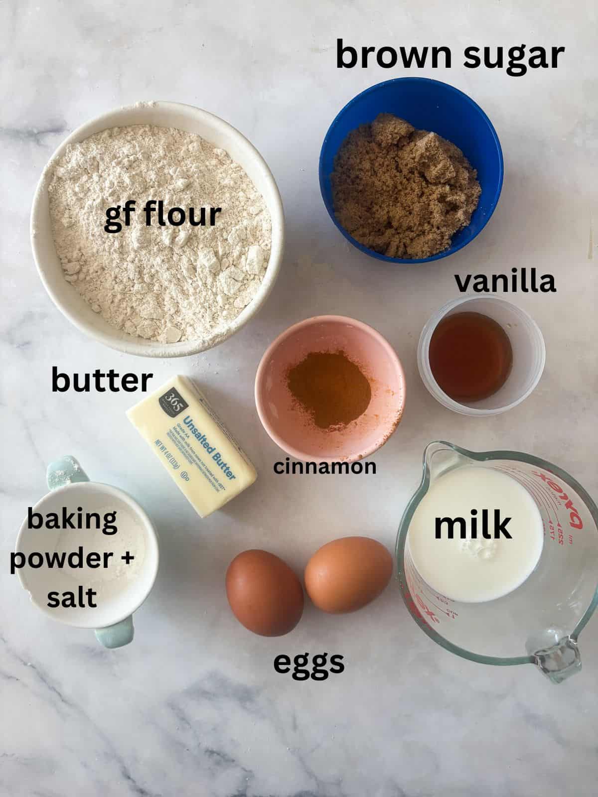 This super easy gluten free cinnamon and sugar cake is perfect for a last-minute dessert or quick breakfast coffee cake option! Ingredients for gluten free cinnamon and sugar cake are text-labeled.