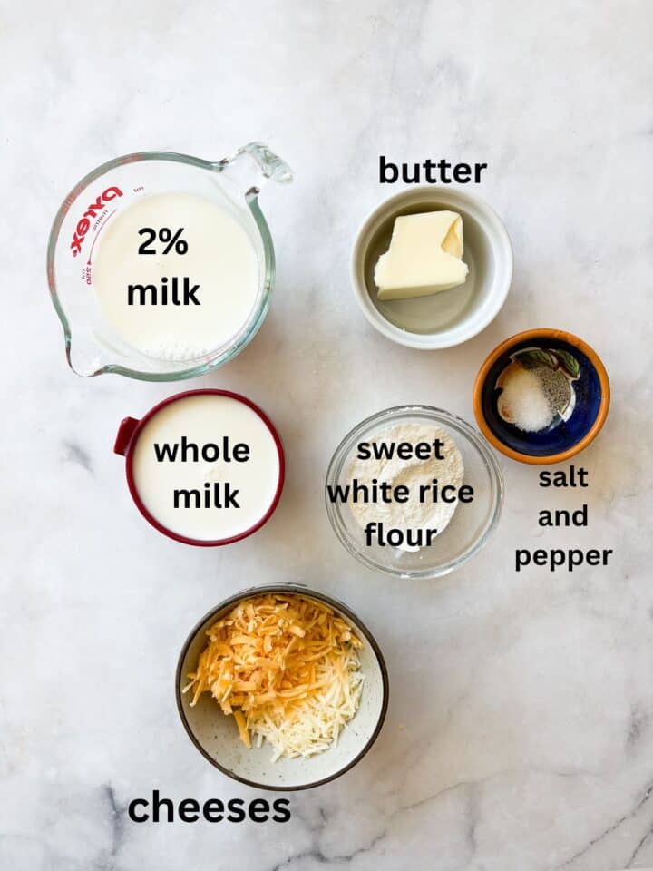 Every bite of this creamy, one pot gluten free mac and cheese delivers homemade comfort - so much better than store-bought! Fast and easy. ingredients for gluten free cheese sauce for gluten free mac and cheese are text labeled.