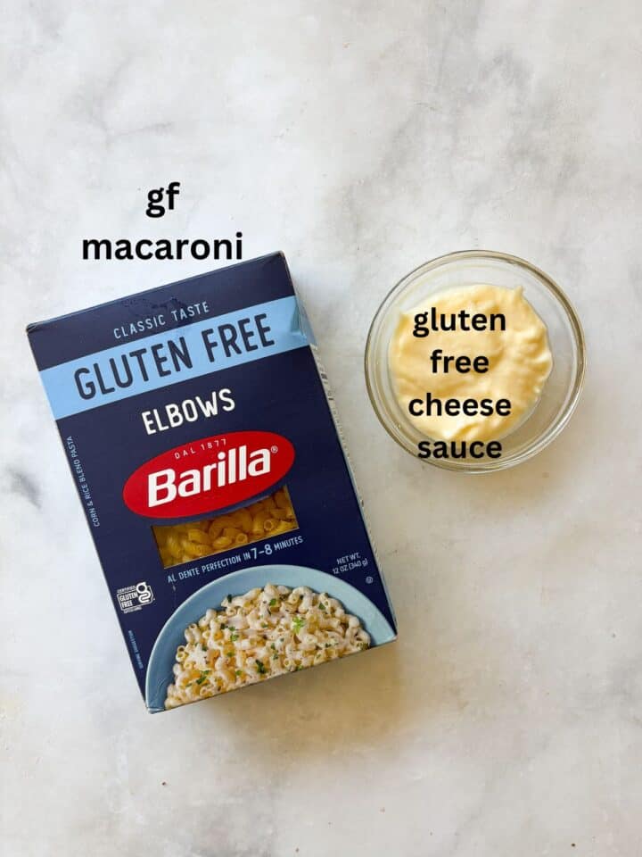 Every bite of this creamy, one pot gluten free mac and cheese delivers homemade comfort - so much better than store-bought! Fast and easy. Ingredients for gluten free mac and cheese are text labeled.
