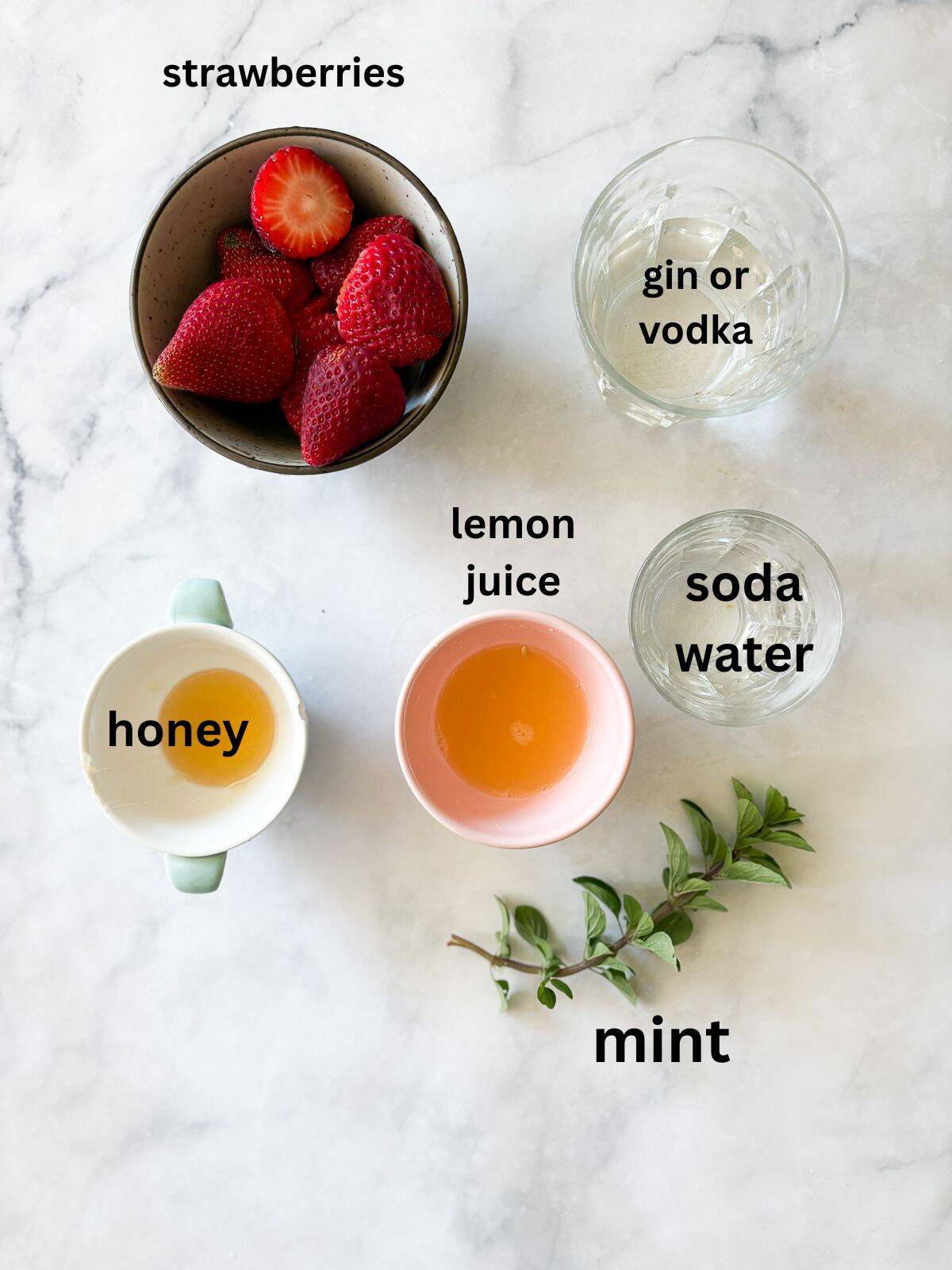 This beautiful strawberry cocktail can be made with or without gin, and is packed with fresh strawberries and mint! Ingredients for strawberry puree are text-labeled.