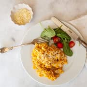 A plate of butternut squash mac and cheese and salad with a fork and cheese.