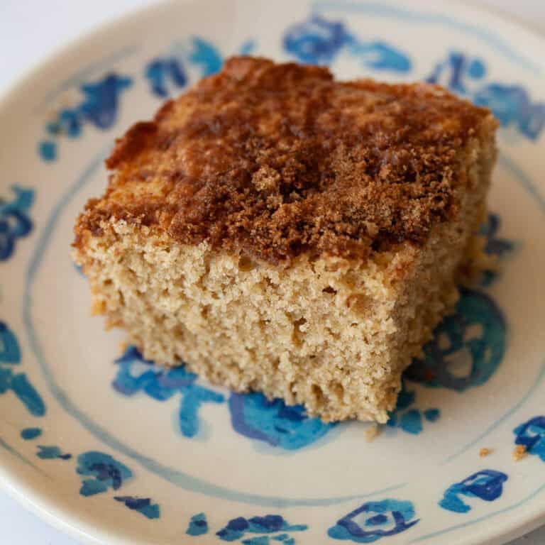 A fluffy piece of gluten free cinnamon and sugar cake on a plate.