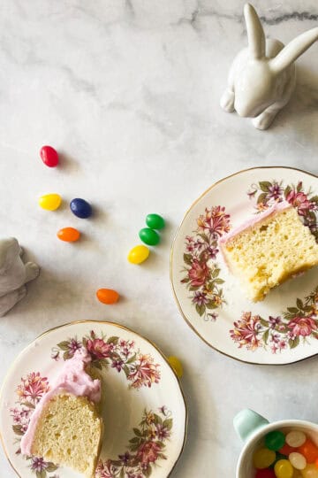 Jelly beans are scattered around pieces of easter bunny cake.
