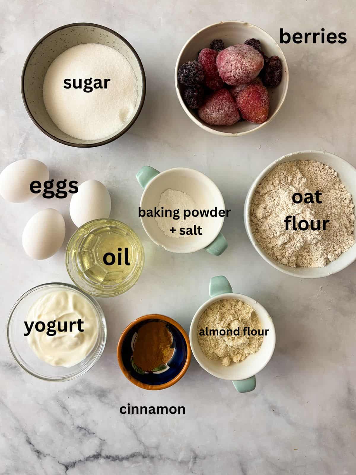 Ingredients for gluten free berry cake are text-labeled.