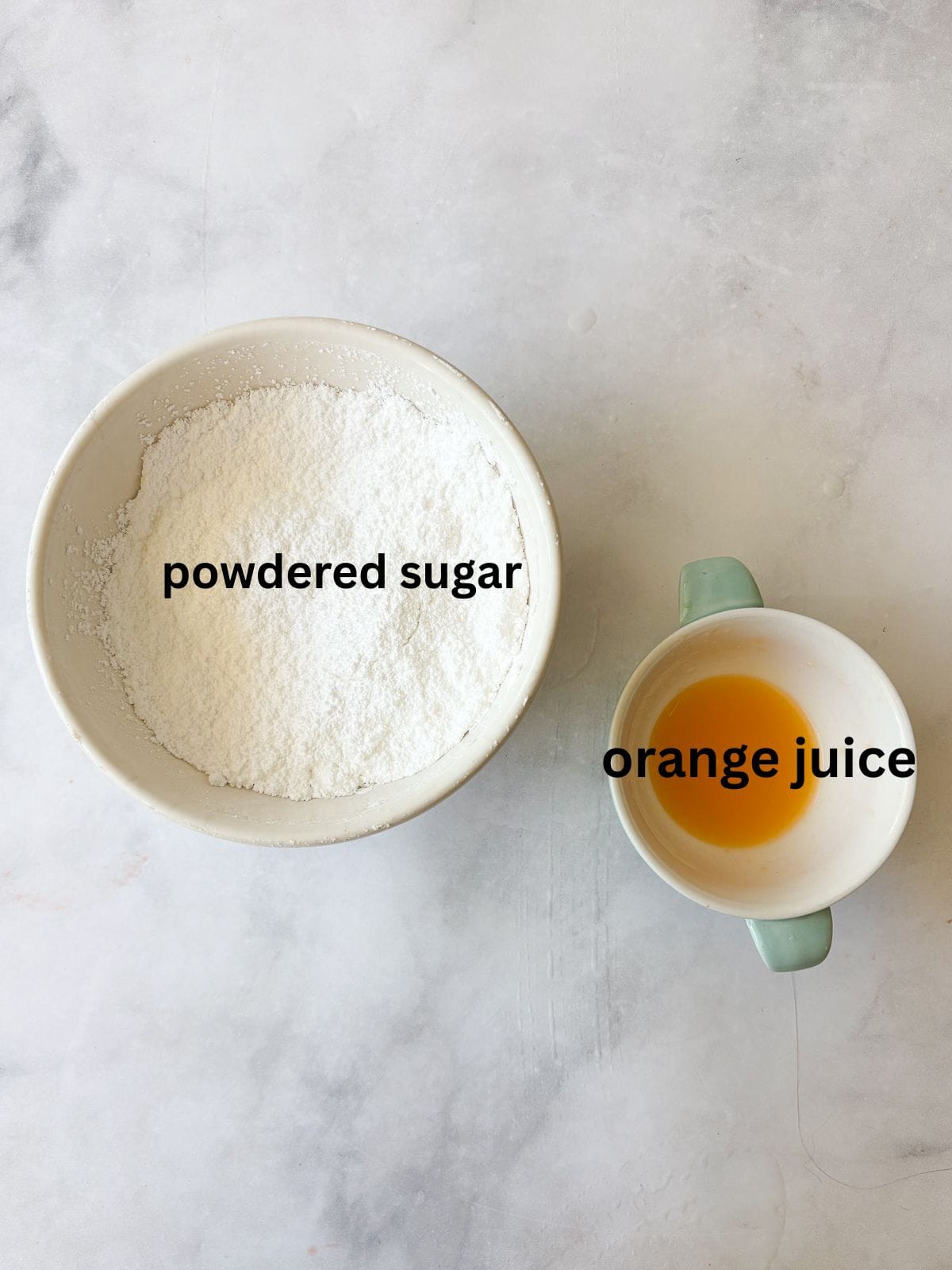 This two-ingredient orange glaze adds sweet citrus flavor to cakes, quick breads, scones, muffins, and more! Ingredients for orange glaze are text-labeled.