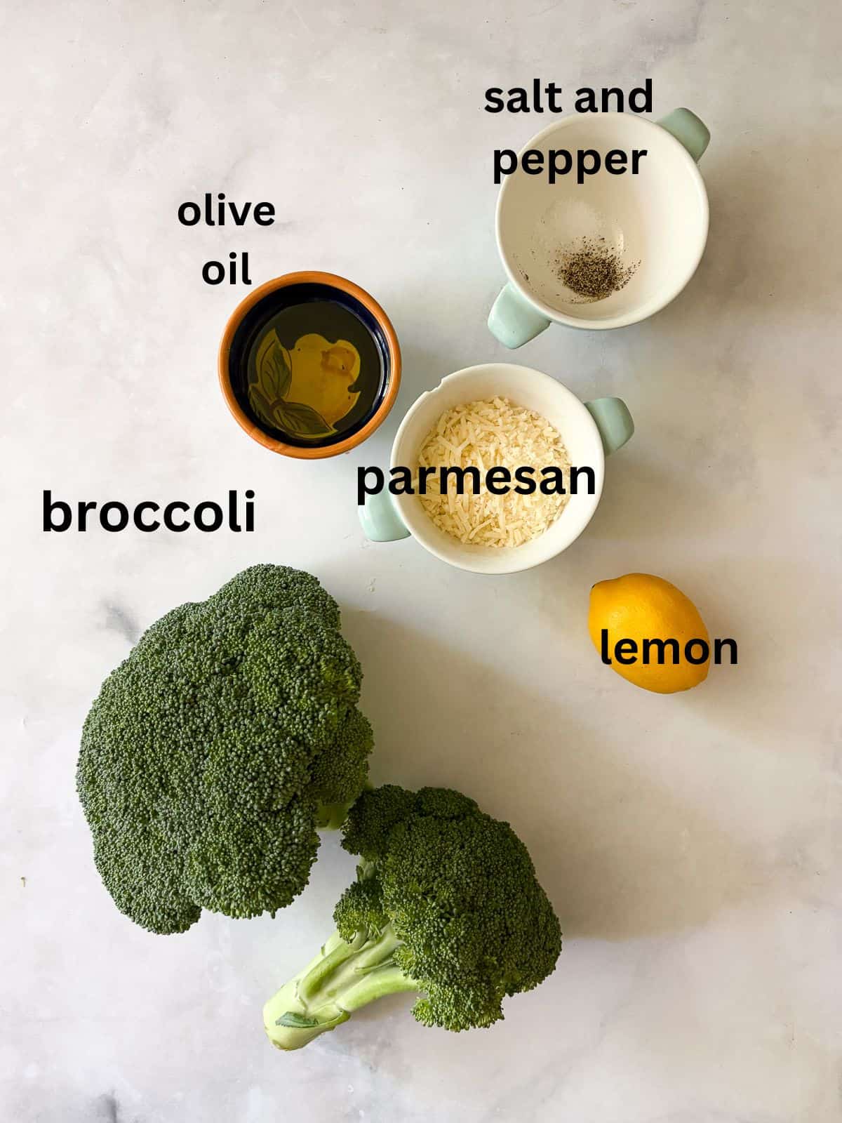 An easy recipe for roasted broccoli that can be boosted with lemon juice or zest, garlic, red pepper flakes - or simply dusted with Parmesan. Ingredients for parmesan roasted broccoli are text-labeled.
