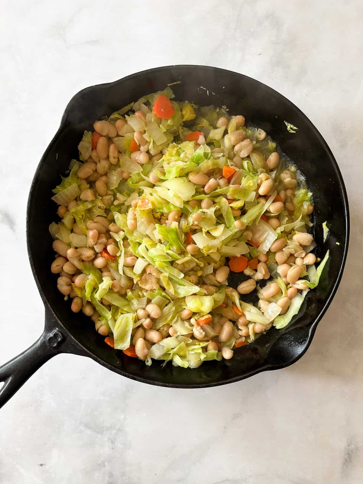 Quick, nourishing, and packed with savory veggies, tender cabbage, and hearty beans, this cabbage stir fry is super satisfying. Vegetarian! The finished skillet of white bean and cabbage stir fry.