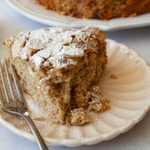 Powdered sugar tops a slice of gluten free rhubarb cake on a plate with a fork.