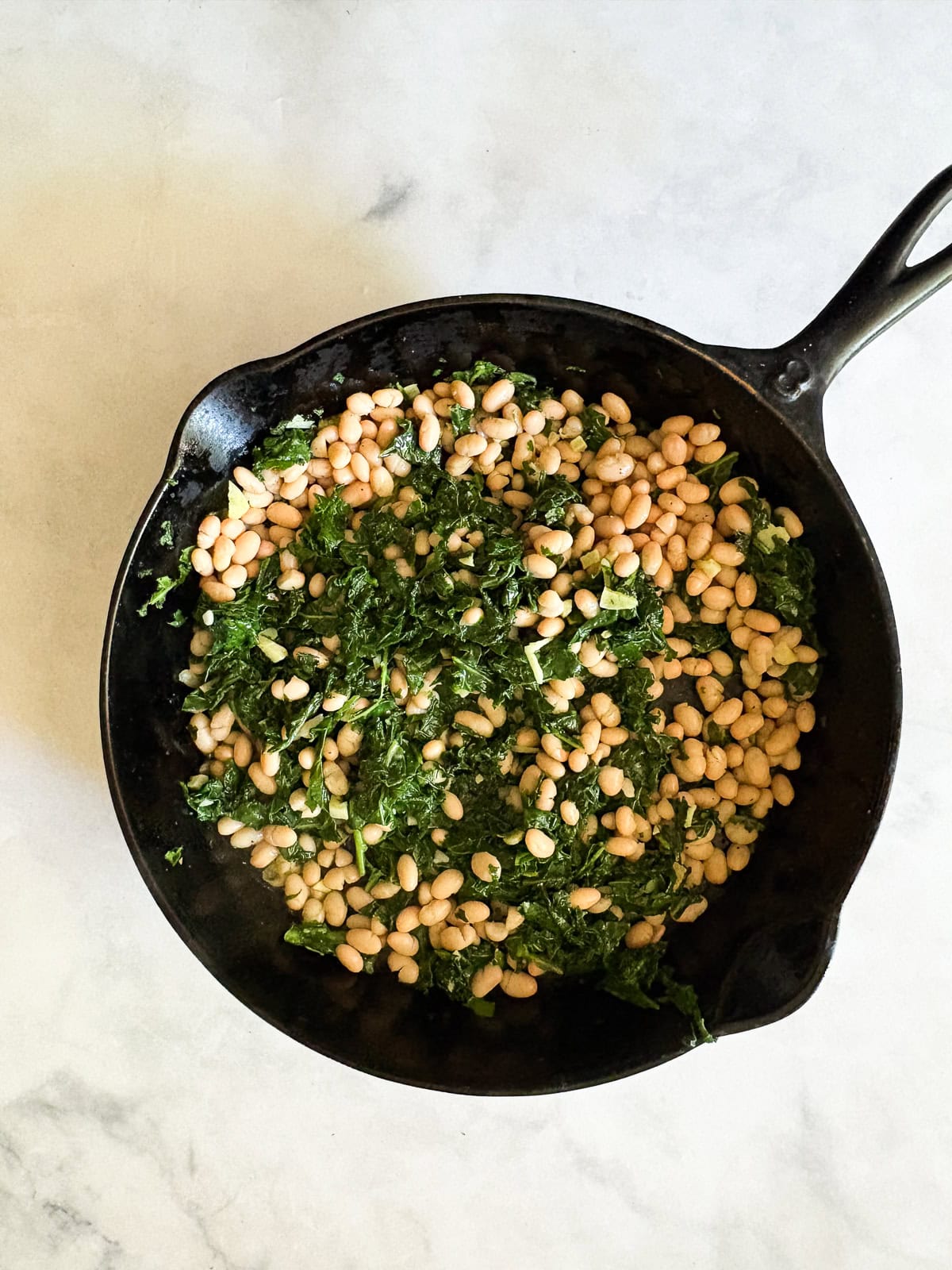 Garlicky white beans and kale are brightened up with lemon juice for a simple, satisfying, and QUICK vegetarian main. White beans are added to the skillet to finish the dish.