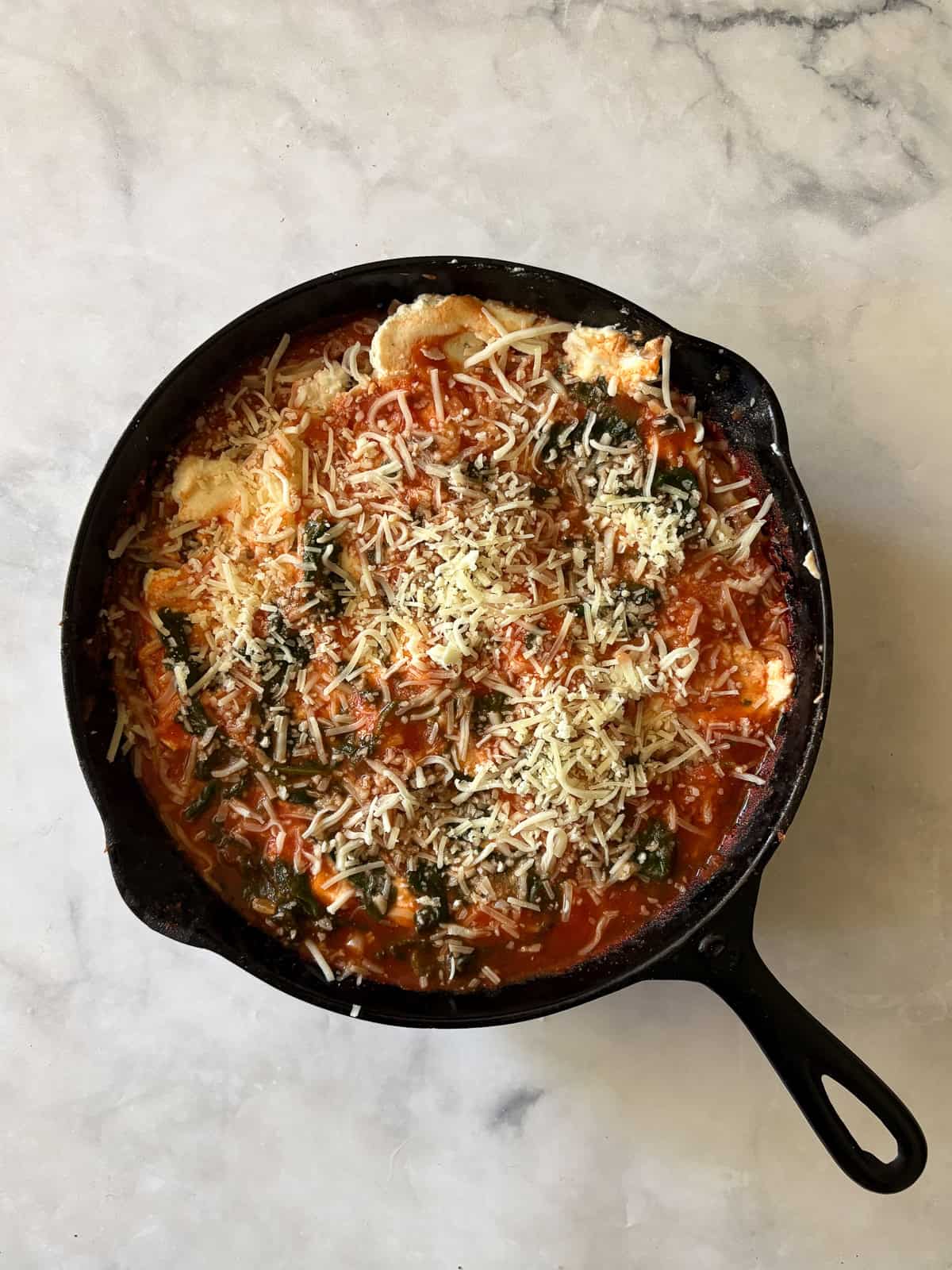 The assembled gluten free skillet lasagna ready for the oven.