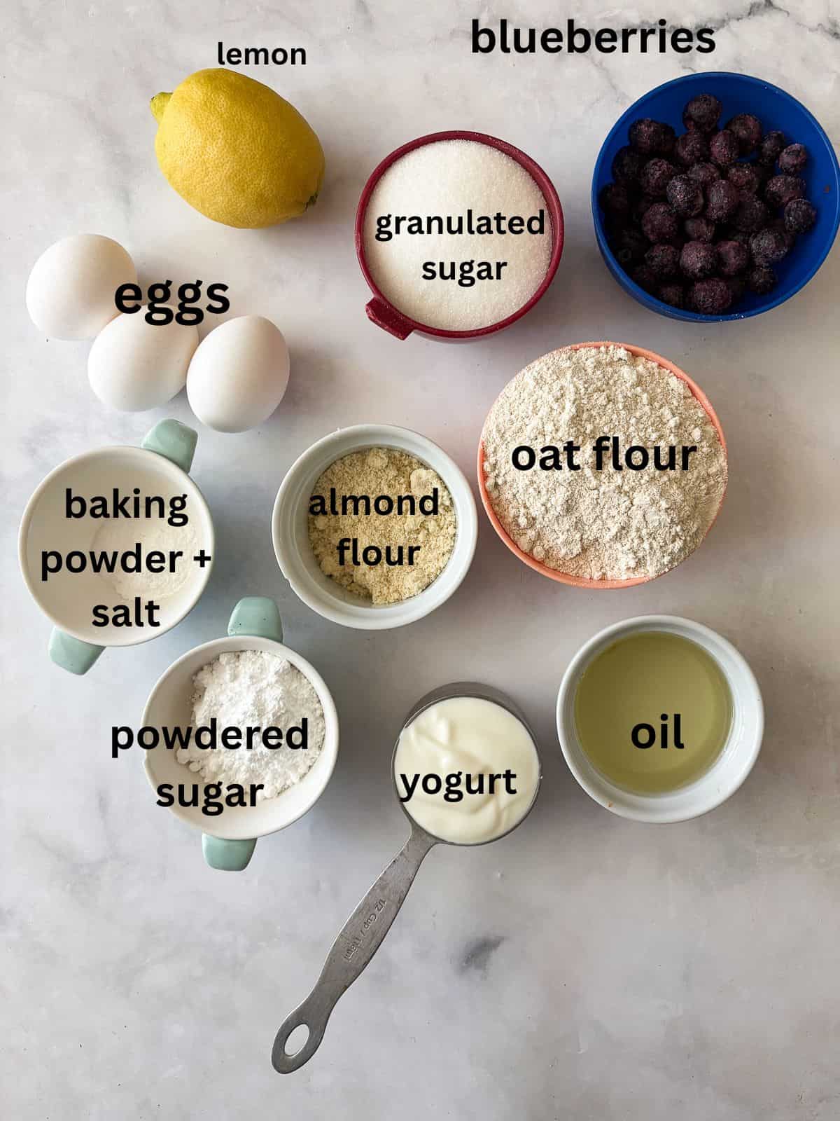 Ingredients for gluten free lemon blueberry bread are text-labeled.