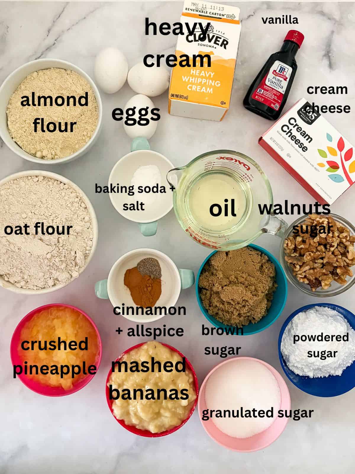 This gluten-free hummingbird cake is a moist, fruit-infused cake topped with tangy cream cheese icing and sprinkled with toasted walnuts. Ingredients for a gluten free hummingbird cake are text-labeled.