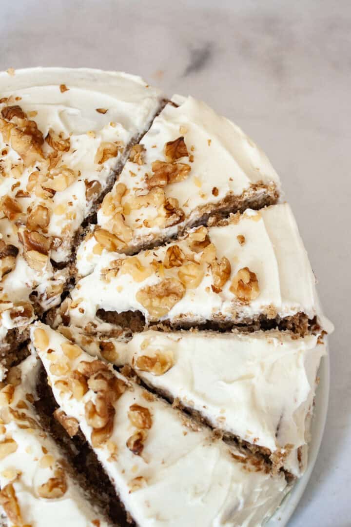 Slices cut in a gluten free hummingbird cake.