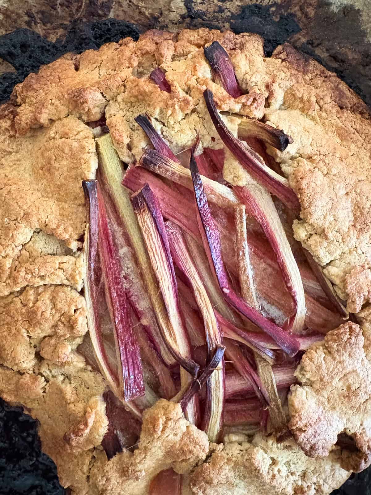 A tender and flaky gluten-free pastry wraps around sweet-tart slices of rhubarb in this rustic gluten free rhubarb galette. The gluten free rhubarb galette after baking.