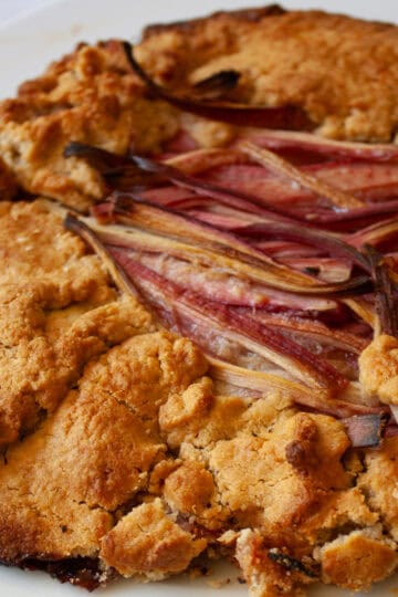 A baked gluten free rhubarb galette.