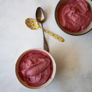 Two bowls of homemade Greek frozen yogurt and two spoons.