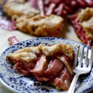 A slice of rhubarb galette on a plate.