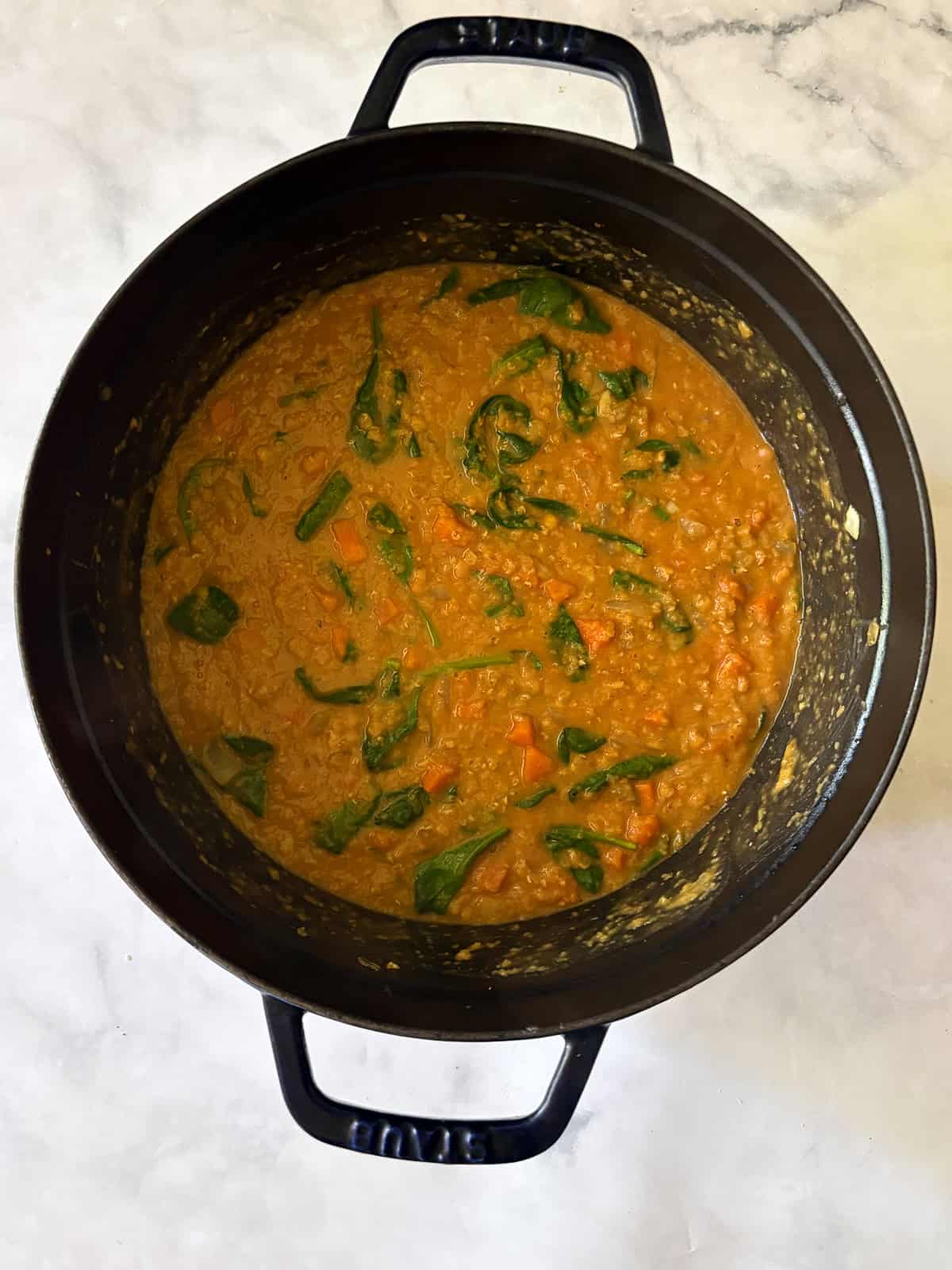 A hearty vegetarian red lentil stew that's packed with vegetables to make a satisfying dinner. Easy to adapt and make-ahead friendly. The spinach cooks down in the stew.