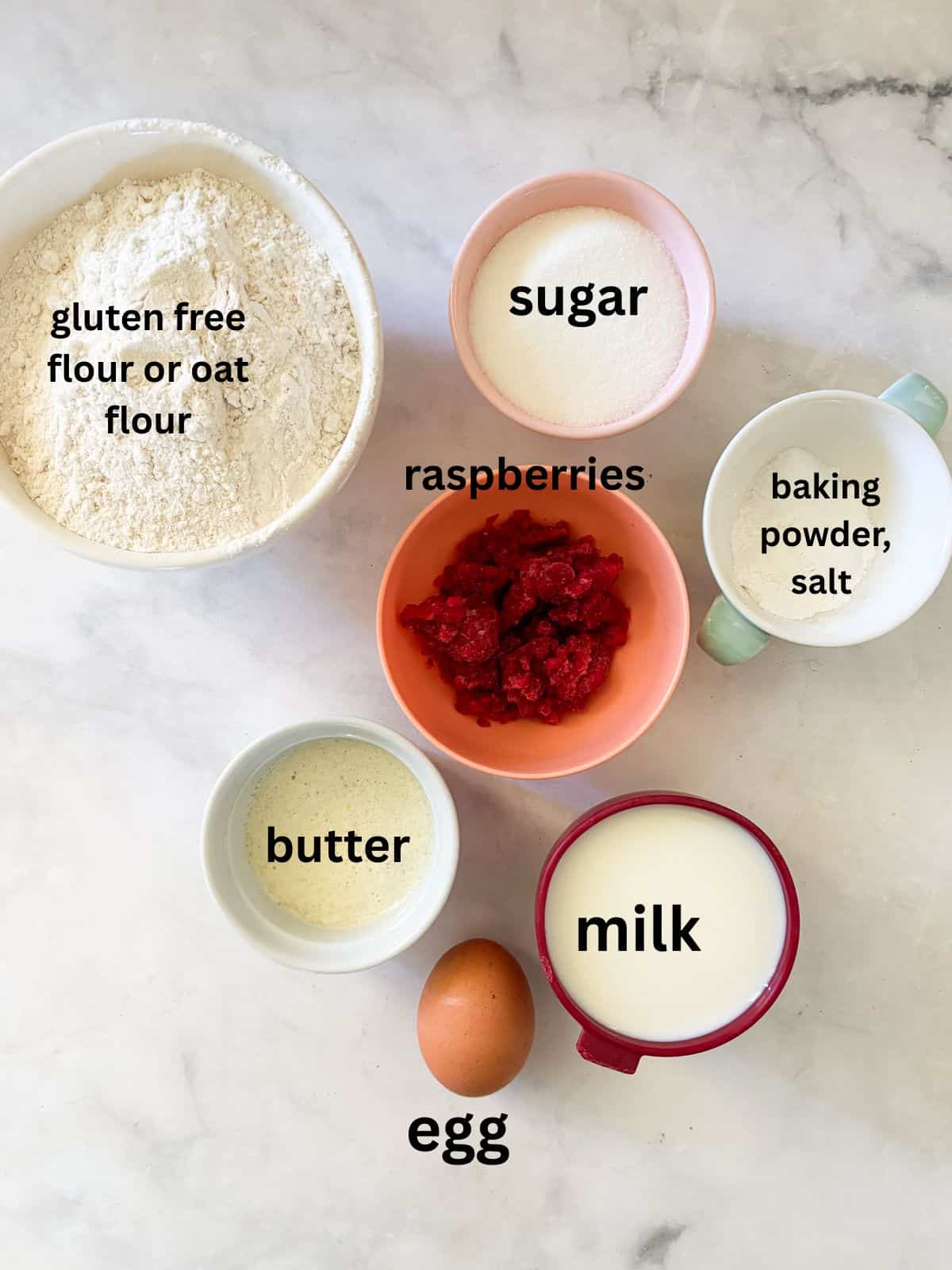 These delicious gluten-free raspberry muffins are made in one bowl and are packed with wholesome ingredients and fruit! Ingredients for gluten free raspberry muffins are text-labeled.