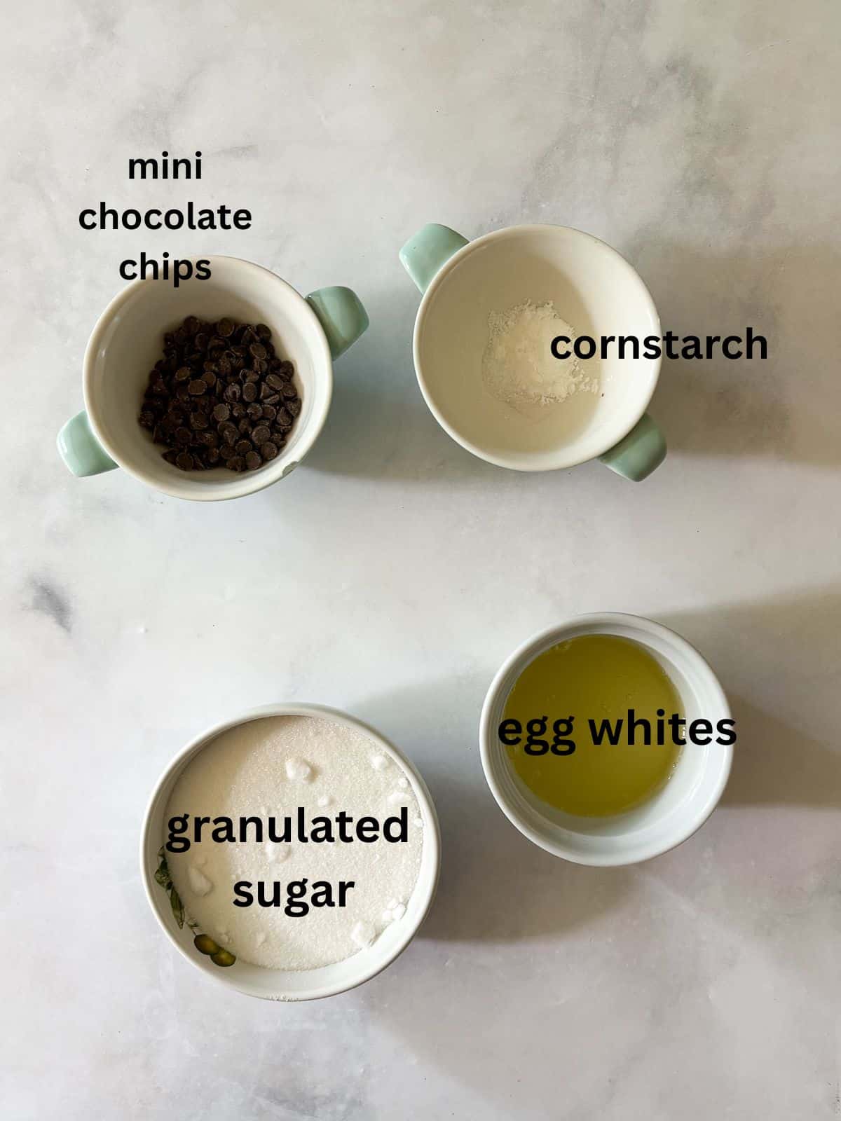 Marshmallowy chocolate chip meringue cookies are studded with mini chocolate chips for bursts of semisweet chocolate in every bite. Ingredients for chocolate chip meringue cookies.