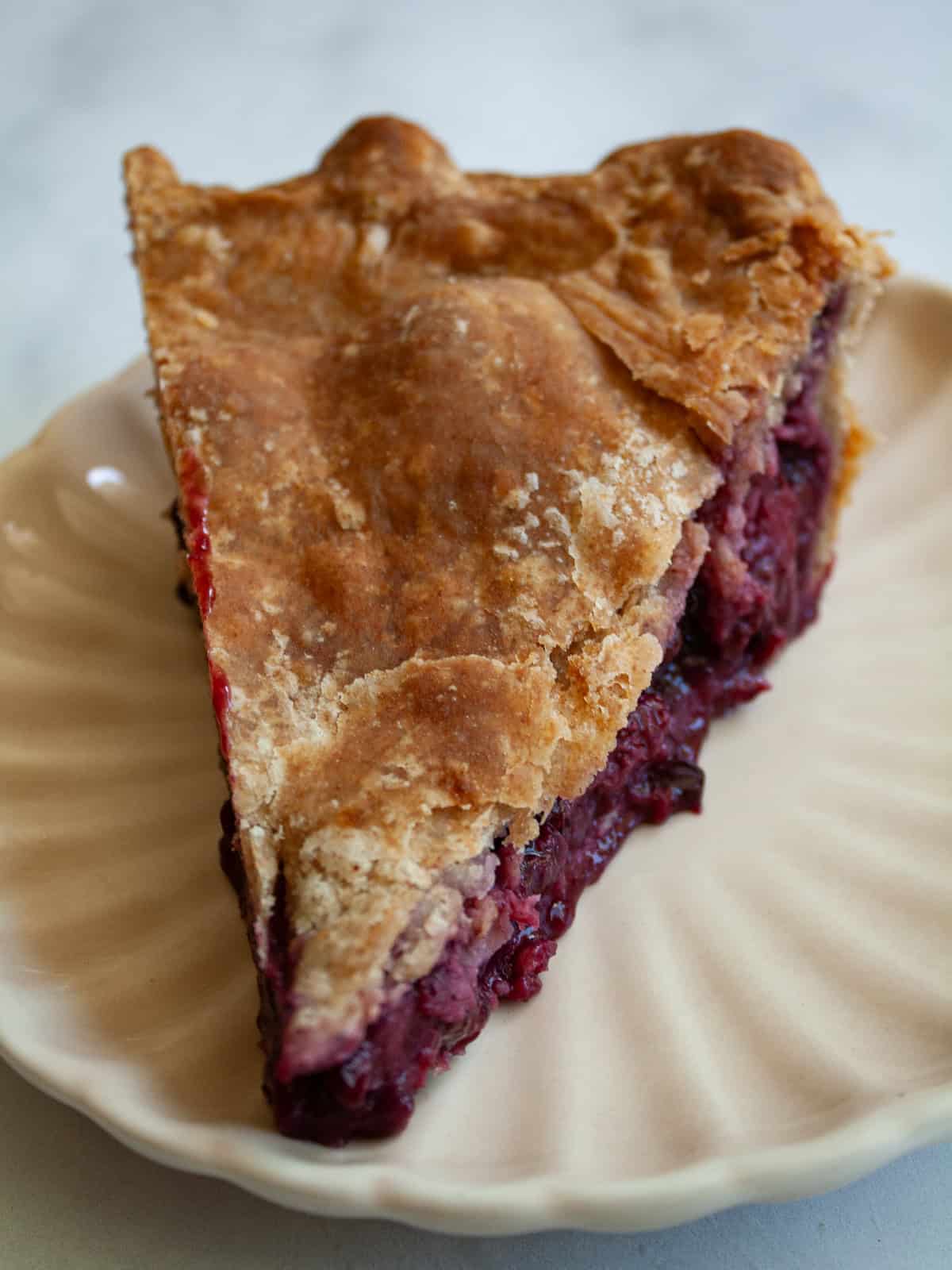 Whole grain flour adds nutrition and flavor to this flaky whole wheat pie crust. Use it in your favorite pies, galettes, and more. A slice of berry pie pie with whole wheat pie crust on a plate.